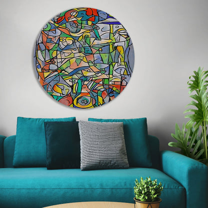Abstracte kleurrijke figuren en vormen schilderij aluminium muurcirkel