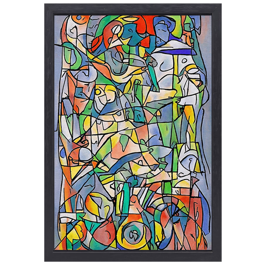 Abstracte kleurrijke figuren en vormen schilderij canvas met baklijst
