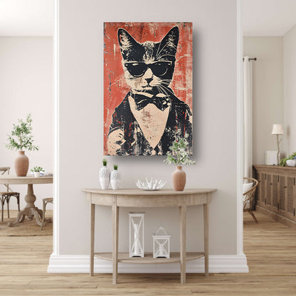 Zwart-witte kat met zonnebril en vlinderdas canvas