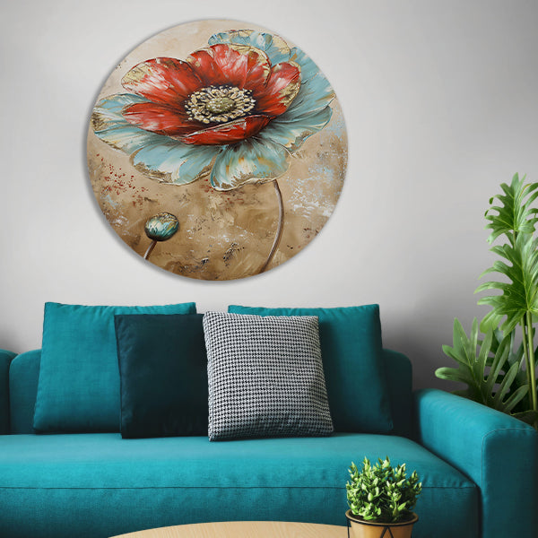 Moderne schilderij van een kleurrijke bloem aluminium muurcirkel