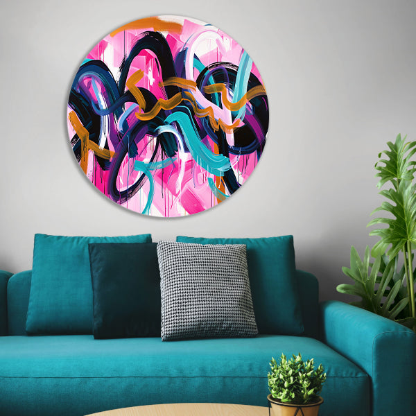 Kleurrijk abstract kunstwerk met dynamische lijnen aluminium muurcirkel