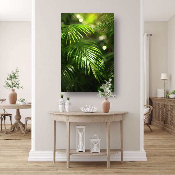 Close-up van zonovergoten palmbladeren canvas met baklijst