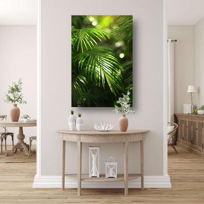 Close-up van zonovergoten palmbladeren canvas met baklijst