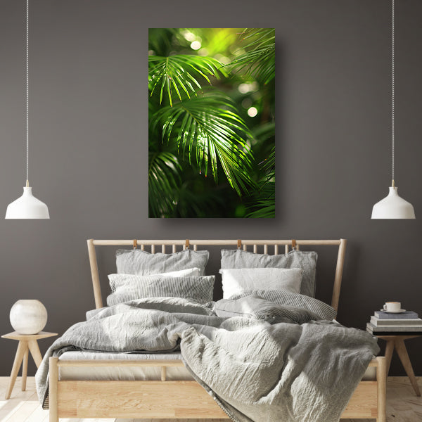 Close-up van zonovergoten palmbladeren canvas met baklijst