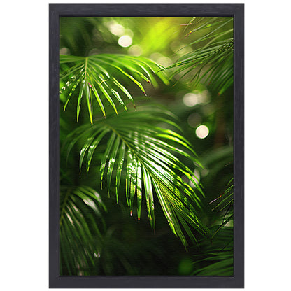 Close-up van zonovergoten palmbladeren canvas met baklijst