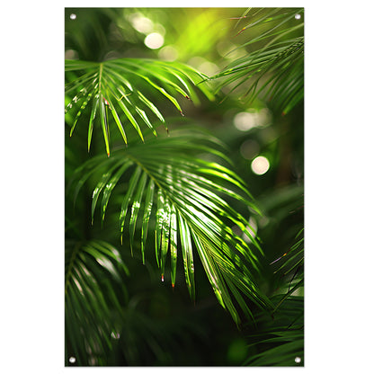 Close-up van zonovergoten palmbladeren tuinposter