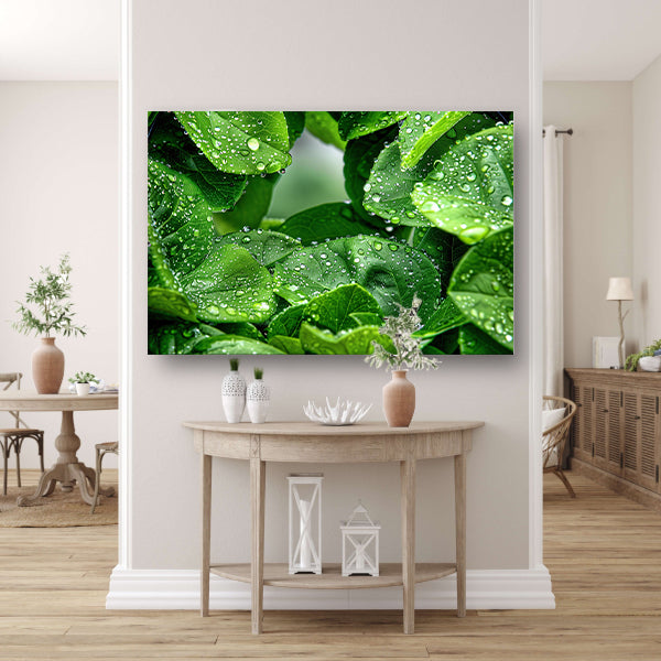 Close-up van groene bladeren met dauwdruppels canvas