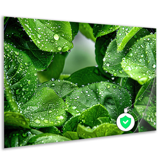 Close-up van groene bladeren met dauwdruppelsposter