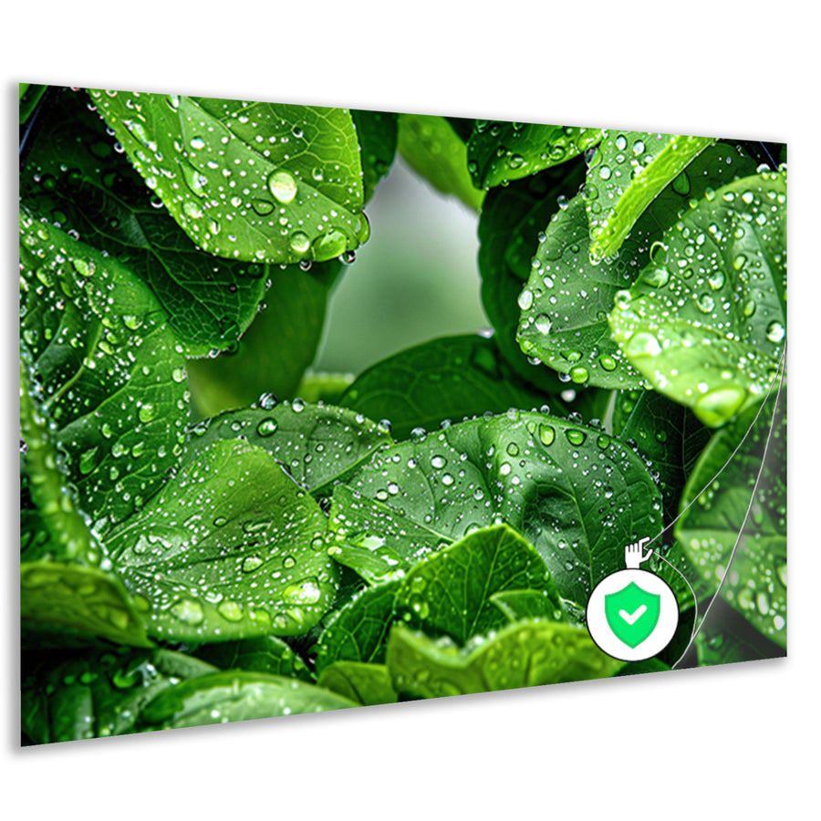 Close-up van groene bladeren met dauwdruppelsposter