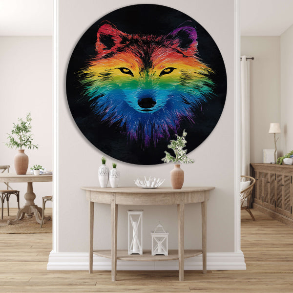 Kleurrijke abstracte wolf illustratie voor interieur aluminium muurcirkel
