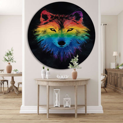 Kleurrijke abstracte wolf illustratie voor interieur aluminium muurcirkel