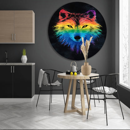 Kleurrijke abstracte wolf illustratie voor interieur aluminium muurcirkel