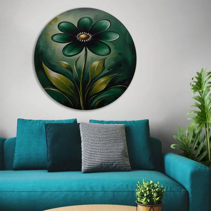 Abstracte Donkergroene Bloem met Gouden Kern aluminium muurcirkel