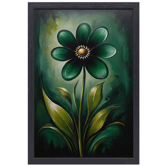 Abstracte Donkergroene Bloem met Gouden Kern canvas met baklijst