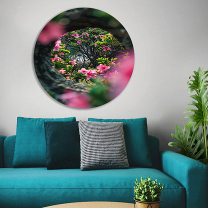 Roze bloemen door boomvenster aluminium muurcirkel