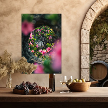 Roze bloemen door boomvenster tuinposter