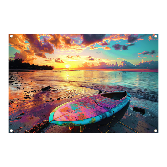 Zonsondergang met Surfplank tuinposter