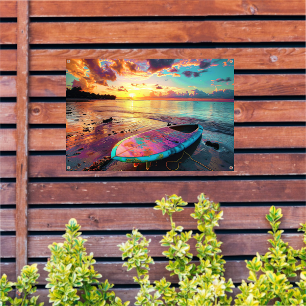 Zonsondergang met Surfplank tuinposter