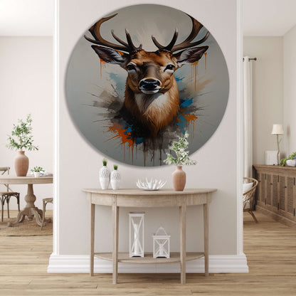 Expressief Hertenportret met Kleurrijke Spatten aluminium muurcirkel