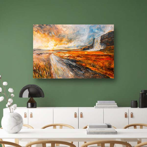 Impressionistische waterval bij zonsondergang schilderij canvas