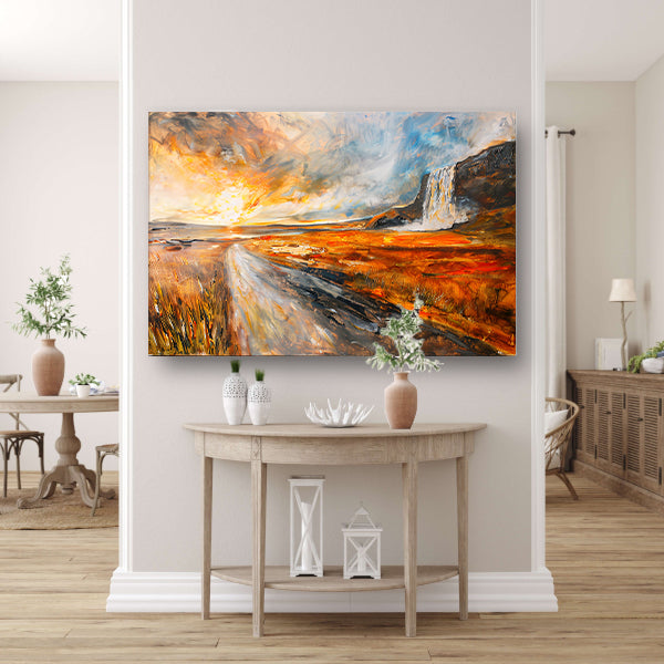Impressionistische waterval bij zonsondergang schilderij poster