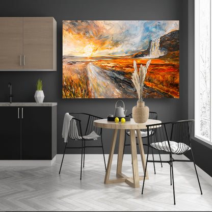 Impressionistische waterval bij zonsondergang schilderij canvas