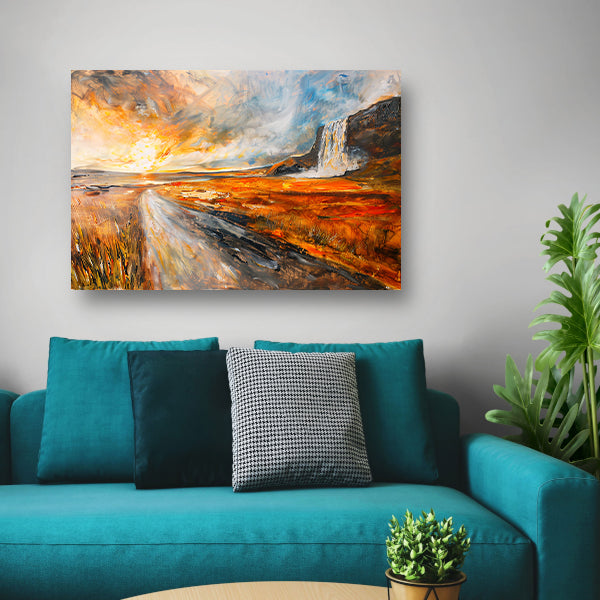 Impressionistische waterval bij zonsondergang schilderij canvas