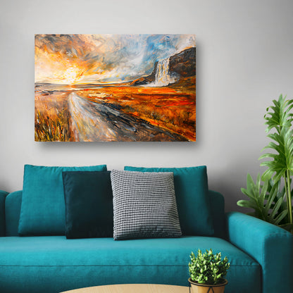 Impressionistische waterval bij zonsondergang schilderij poster