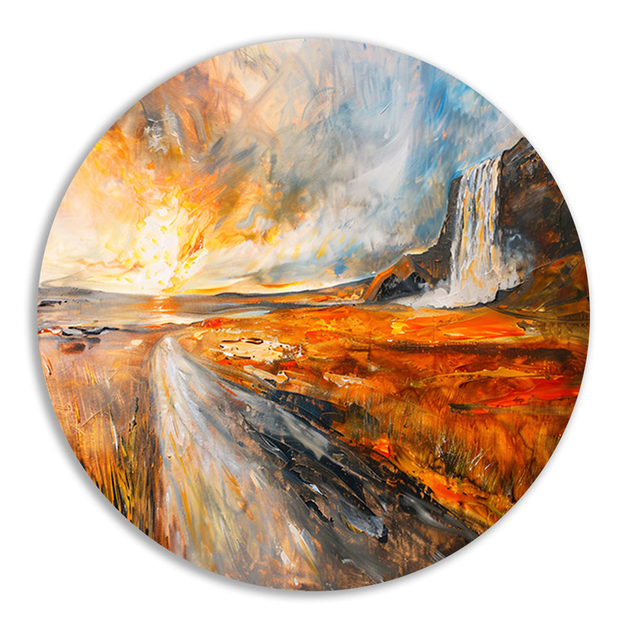 Impressionistische waterval bij zonsondergang schilderij forex muurcirkel