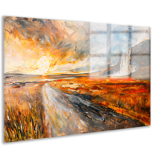 Impressionistische waterval bij zonsondergang schilderij acrylglas