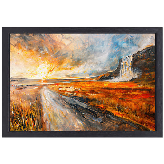 Impressionistische waterval bij zonsondergang schilderij canvas met baklijst