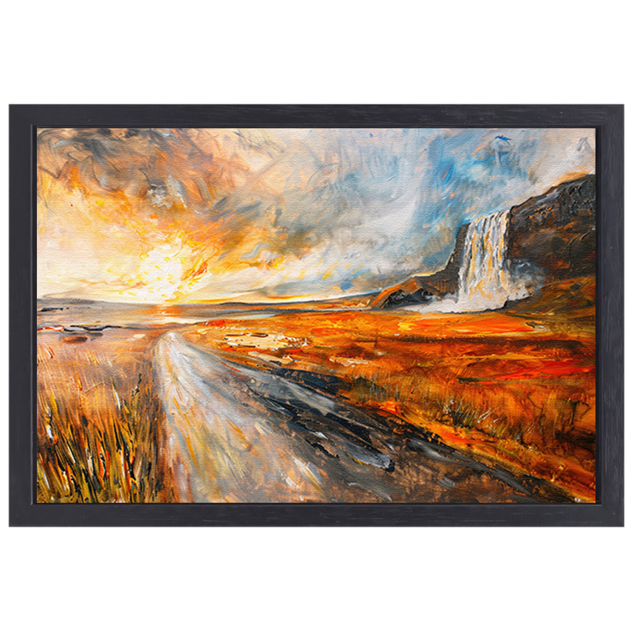 Impressionistische waterval bij zonsondergang schilderij canvas met baklijst