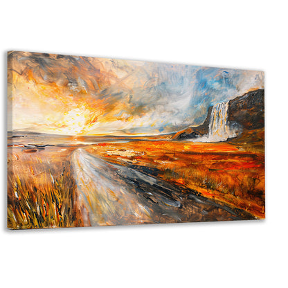 Impressionistische waterval bij zonsondergang schilderij canvas