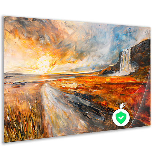 Impressionistische waterval bij zonsondergang schilderij poster