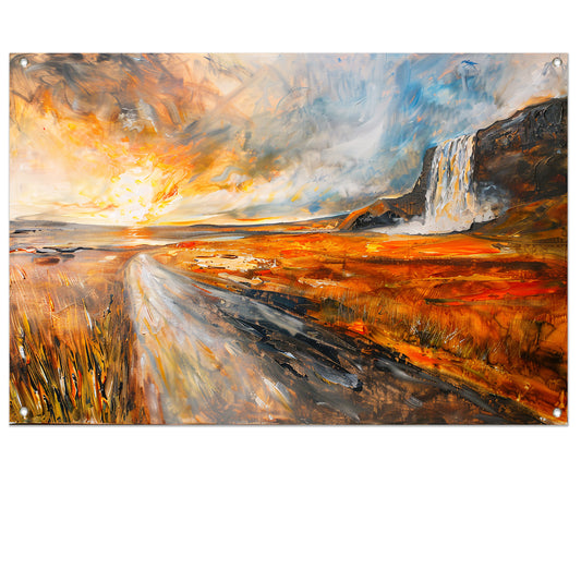 Impressionistische waterval bij zonsondergang schilderij tuinposter