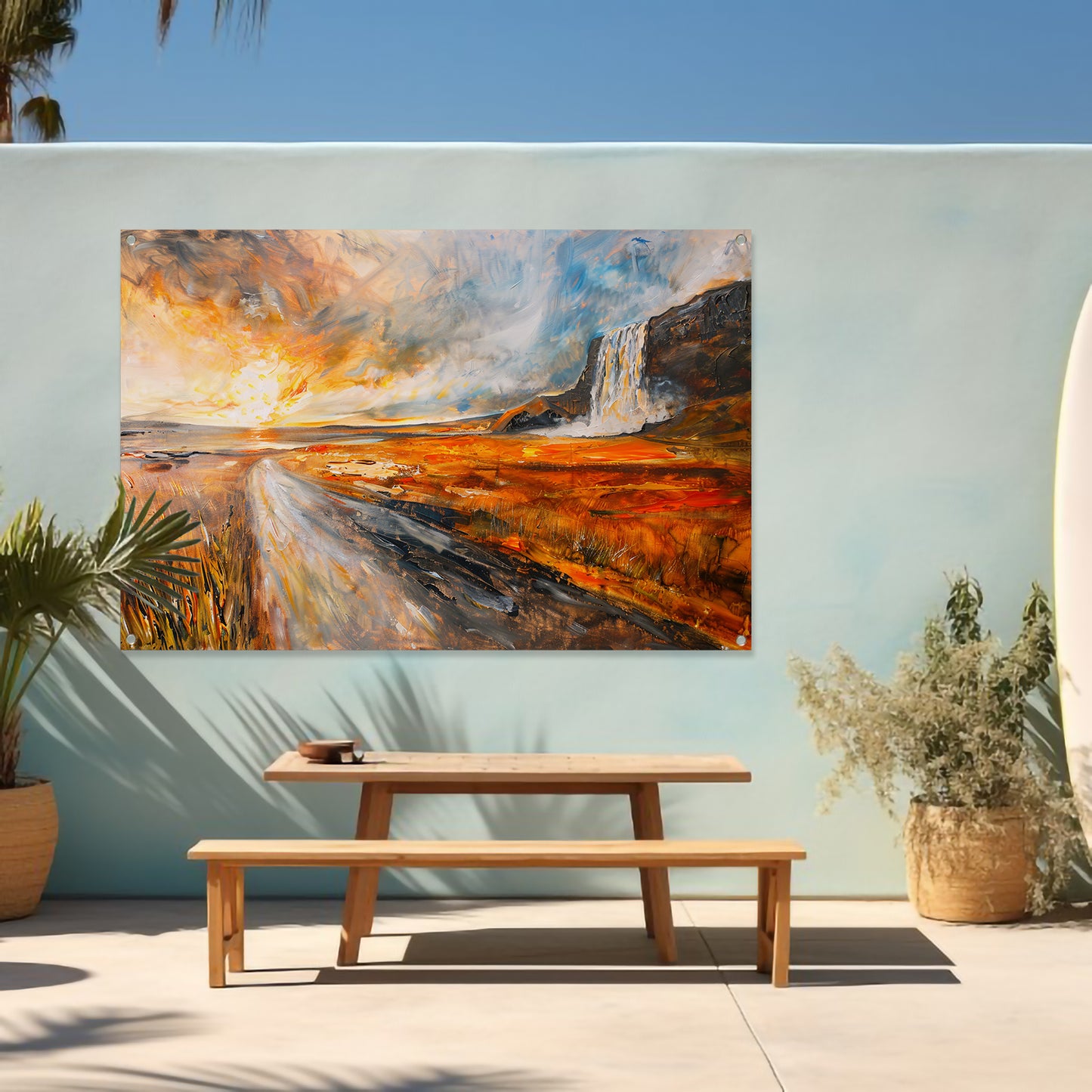 Impressionistische waterval bij zonsondergang schilderij tuinposter