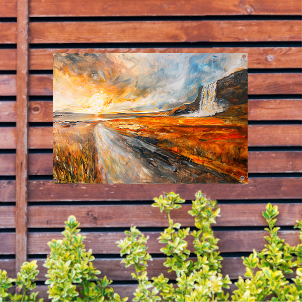 Impressionistische waterval bij zonsondergang schilderij tuinposter