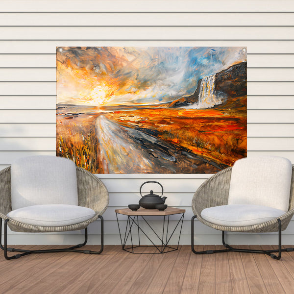 Impressionistische waterval bij zonsondergang schilderij tuinposter