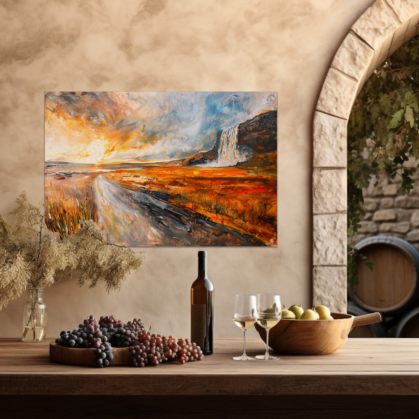 Impressionistische waterval bij zonsondergang schilderij tuinposter