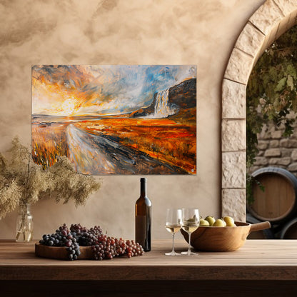 Impressionistische waterval bij zonsondergang schilderij tuinposter