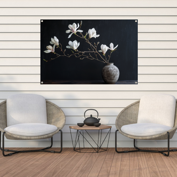 Magnolia Bloemen in Rustieke Grijze Vaas tuinposter