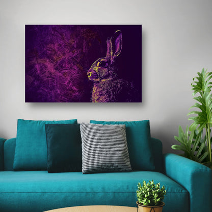 Digitaal konijn in paarse en gele tinten canvas met baklijst