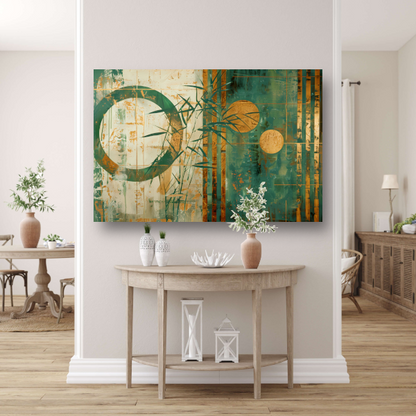 Gouden Glans op Abstract Blauwgroen Canvas canvas met baklijst