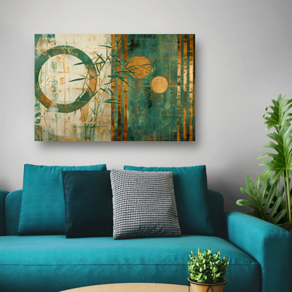 Gouden Glans op Abstract Blauwgroen Canvas canvas met baklijst