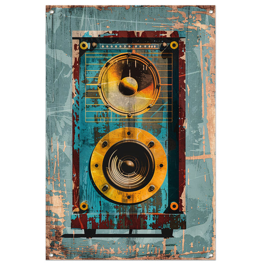 Vintage speaker met verweerde textuur tuinposter