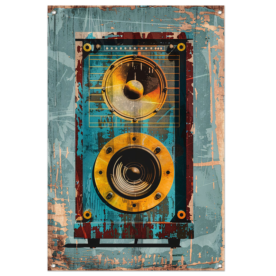 Vintage speaker met verweerde textuur tuinposter