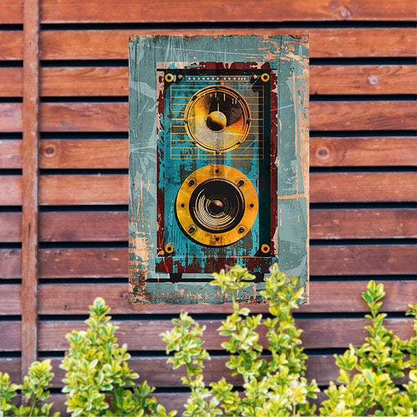 Vintage speaker met verweerde textuur tuinposter