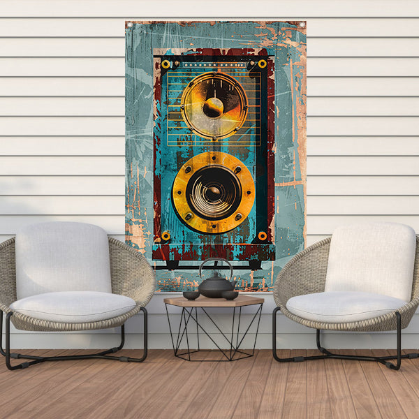 Vintage speaker met verweerde textuur tuinposter