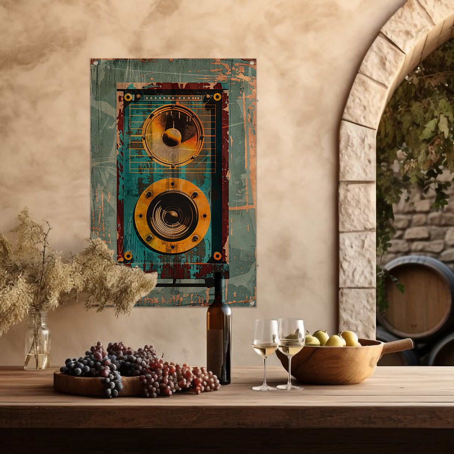 Vintage speaker met verweerde textuur tuinposter