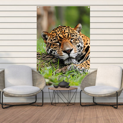 Slapende jaguar op gras schilderij tuinposter